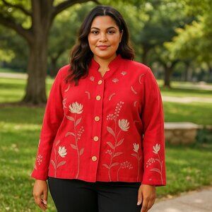 Coldwater Creek Embroidered Red Blazer Jacket Mandarin Collar Button Front Artsy